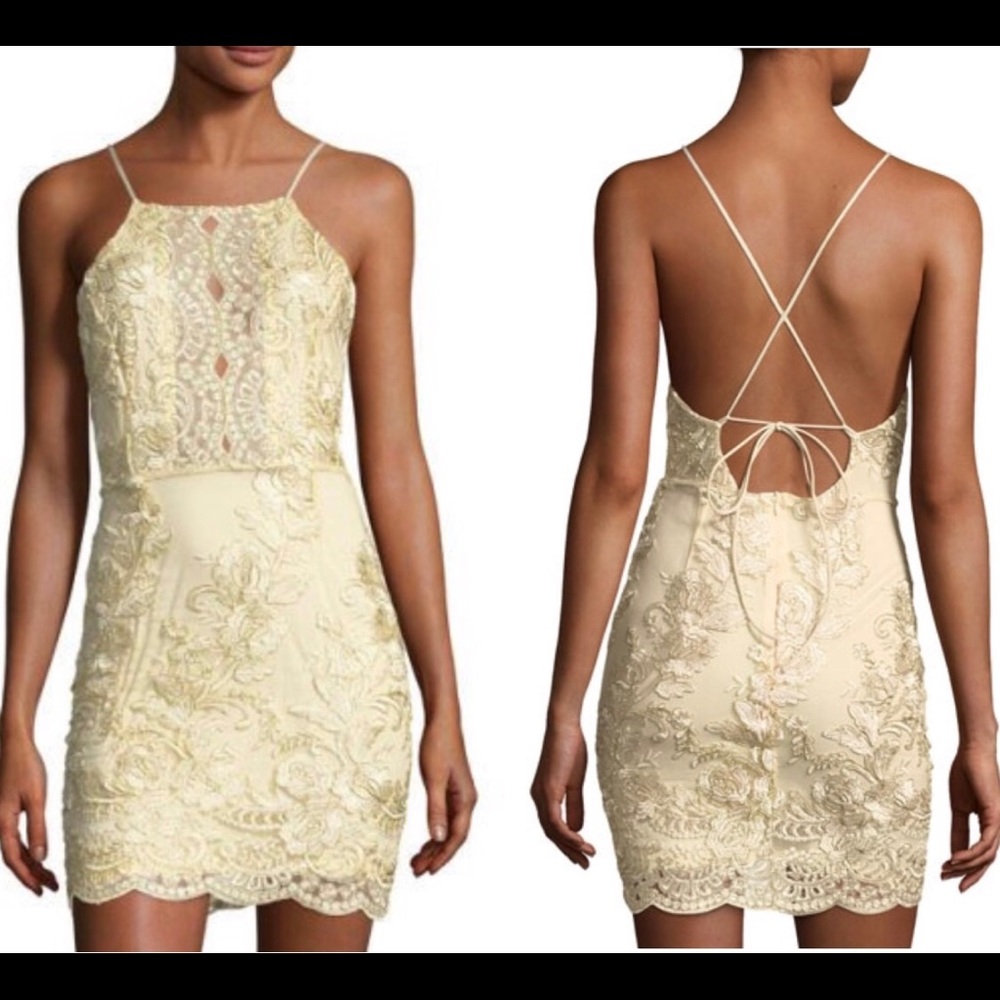 S Gold Champagne Embroidered Dress Mini Lace Bodycon Fitted Open Back sequins